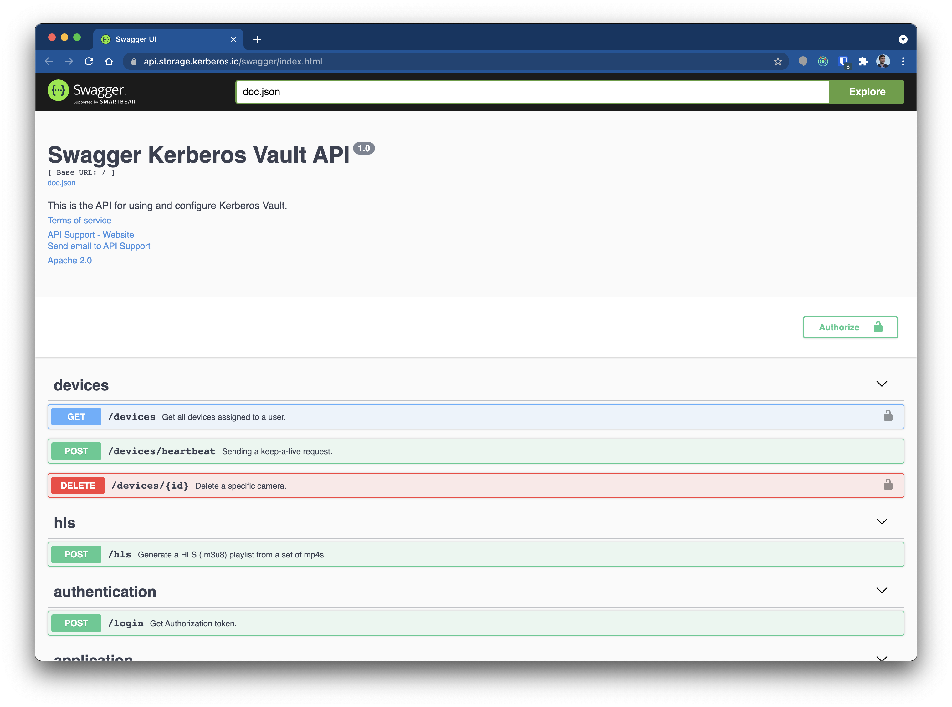 All capabilities of Kerberos Vault are documented through swagger API's.