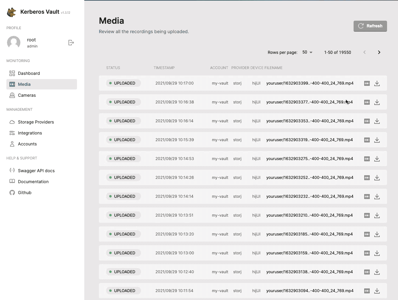 All uploaded recordings are visualised through the media page.